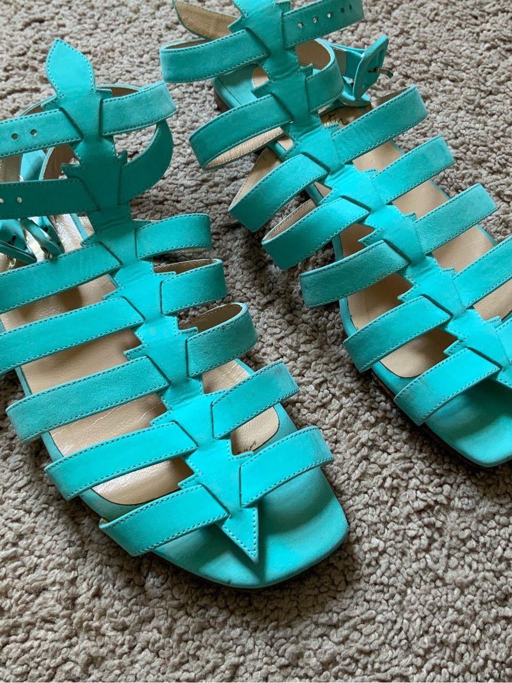 Christian Louboutin Neronna Flat Sandal Calf Nubuck Aqua Marine Size 38.5